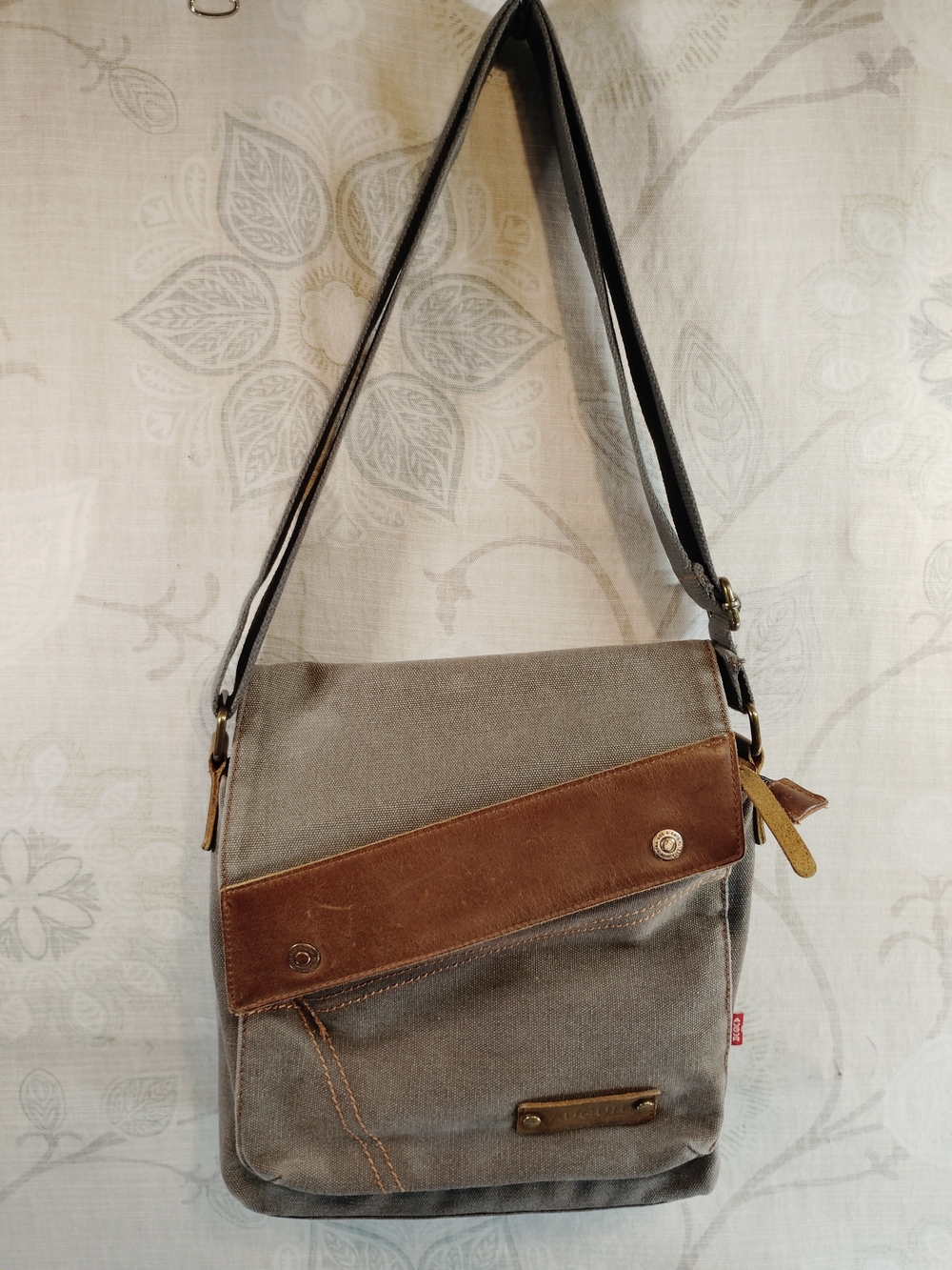 Augur Gray Canvas Messenger Bag with Brown Leather Trim